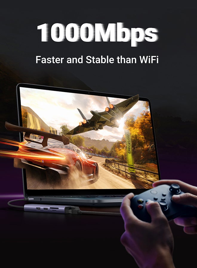 يو جرين محول7 في 1 USB C متعدد المنافذ 4K@60Hz مع منفذين USB محطة إرساء USB-C مع 4K HDMI قارئ بطاقة SD/TF الطاقة تسليم 100 واط شبكة 1Gbps متوافق مع ماك بوك، أيفون 17، ايباد برو 2024، آيباد إير لون رمادي - Image 4